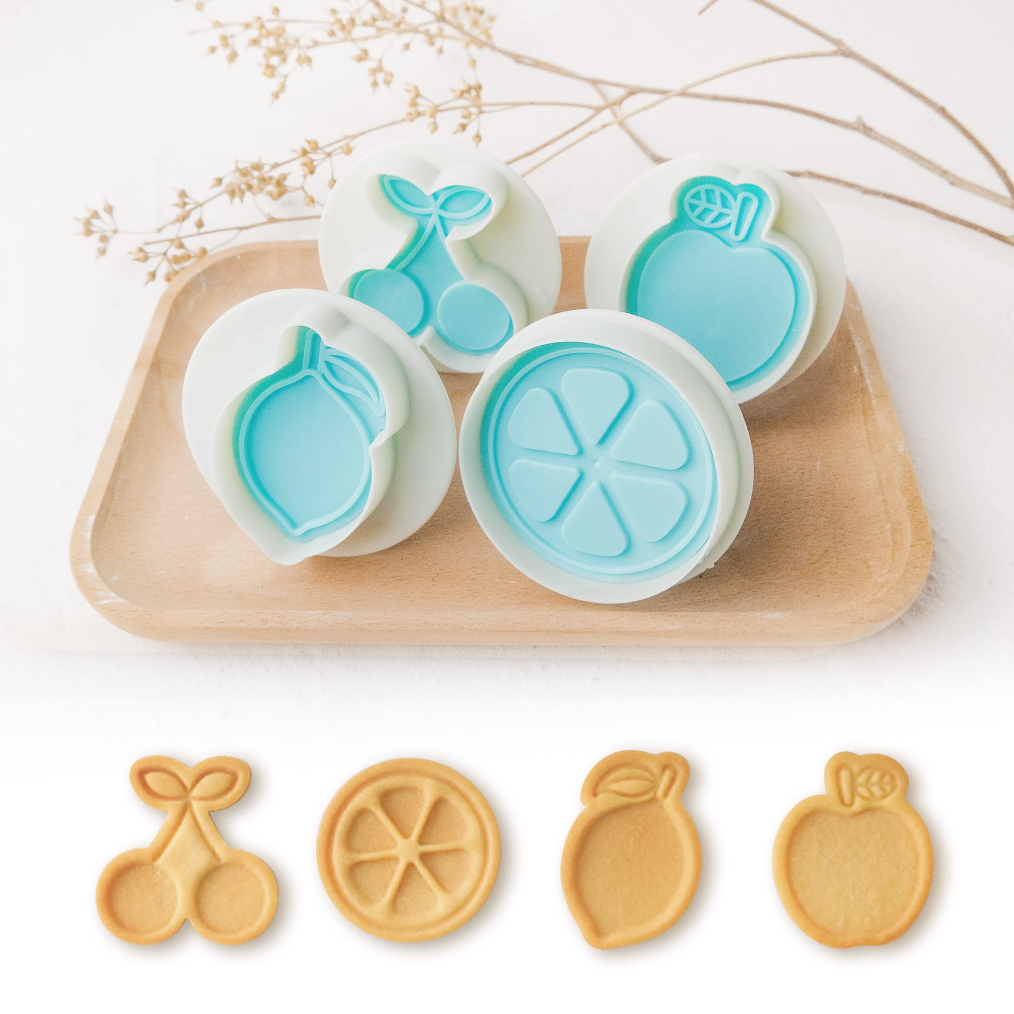 Cookie Stamps Set of 4, Cookie Press Mold, Decorating Supplies for DIY Baking, Cake, Pastry, Easy to Use- Fruit Series