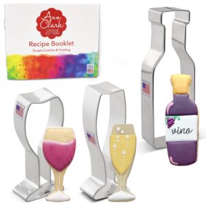 wine and champagne celebration cookie cutters 3-pc. set made in usa by ann clark, wine glass, bottle, champagne glass