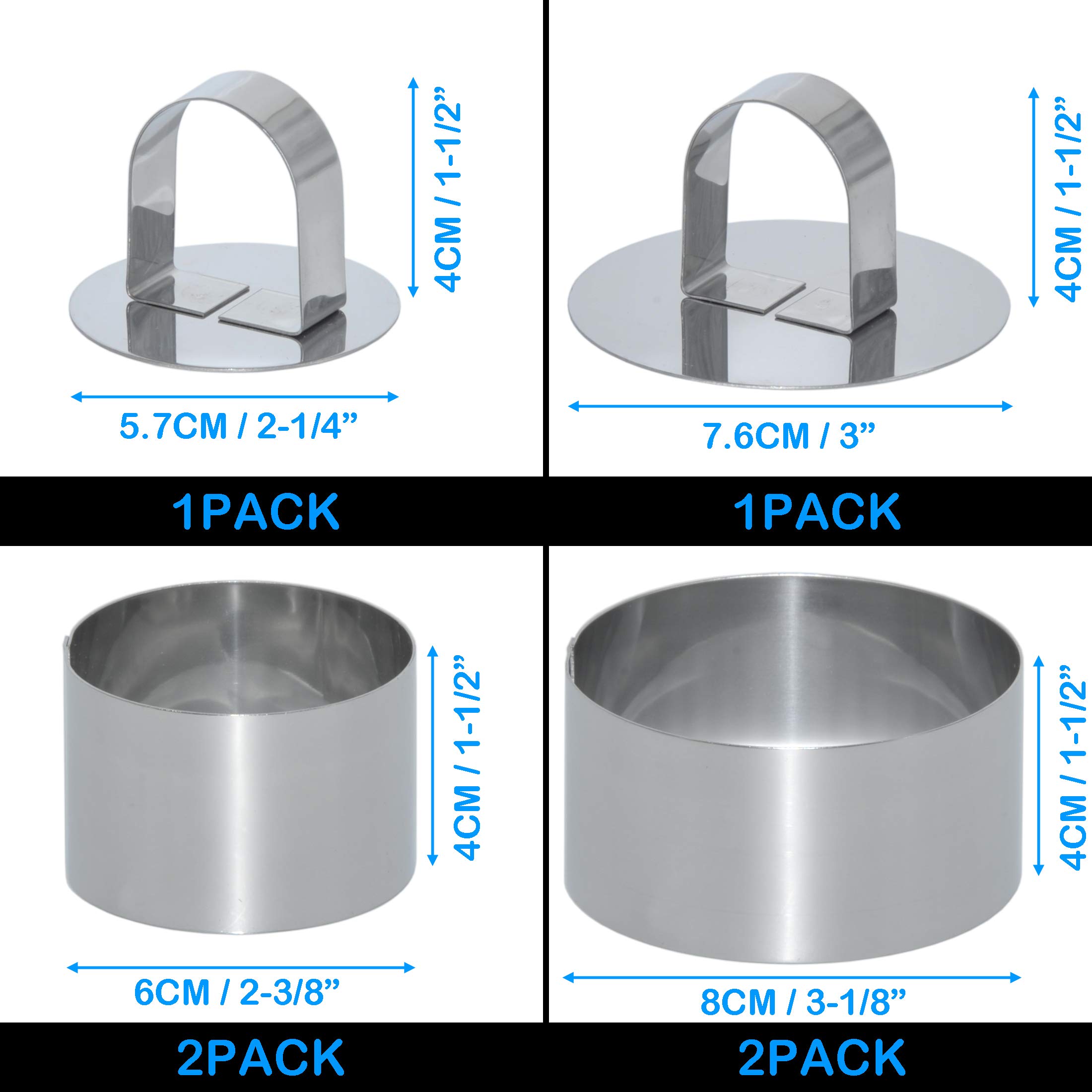 Uncle Jack Food Ring molds Sets for Cooking, Stainless Steel Cake Rings Forming Rings with Pusher,2 Pack 3-1/8 and 2 Pack 2-3/8