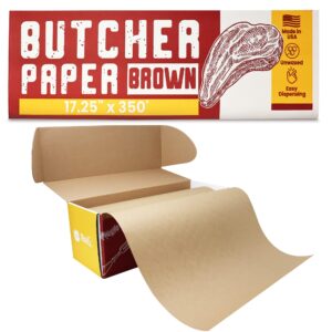 made in usa | bulk value 17.25 in x 350 ft (4200 in) reli. brown butcher paper w/dispenser box | serrated cutting blade | food grade kraft butcher paper for smoking meat | unwaxed, meat wrapping