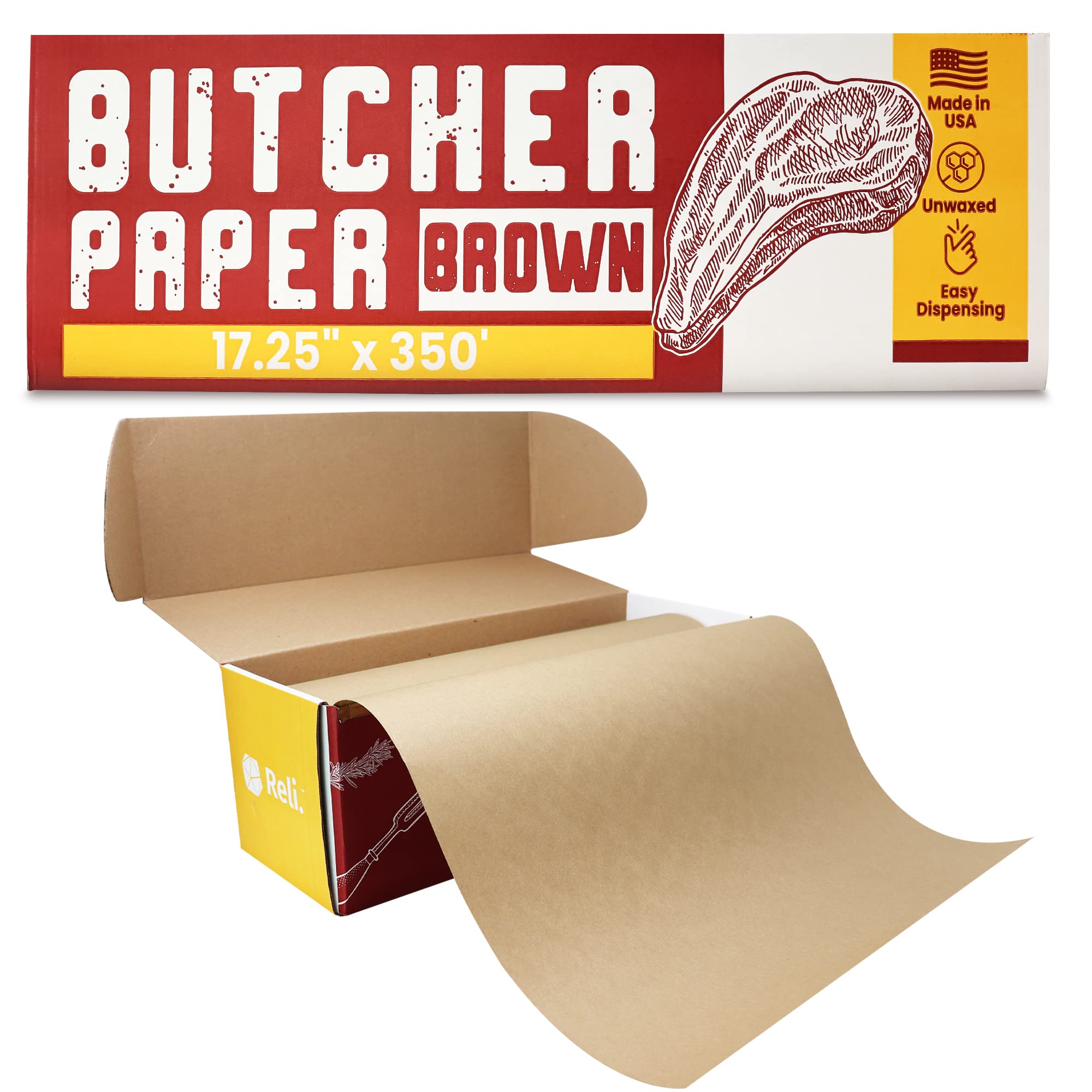 Made in USA | Bulk Value 17.25 in x 350 ft (4200 in) Reli. Brown Butcher Paper w/Dispenser Box | Serrated Cutting Blade | Food Grade Kraft Butcher Paper for Smoking Meat | Unwaxed, Meat Wrapping