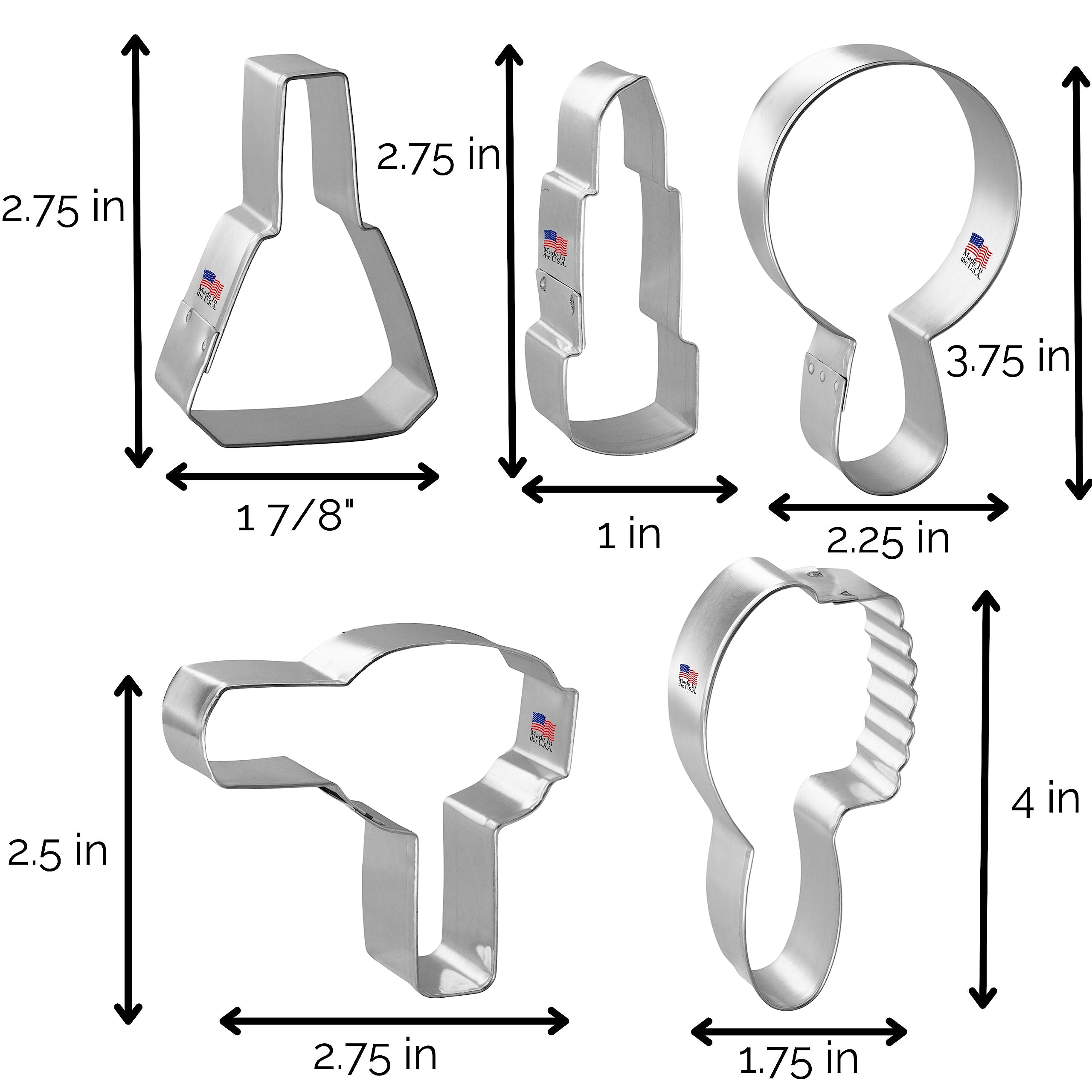 Foose Brand Diva Cookie Cutters 5 Piece Set - 2.75" Nail Polish, 3.75" Mirror, 2.75" Hair Dryer, 2.75" Lipstick, 4" Hair Brush, USA