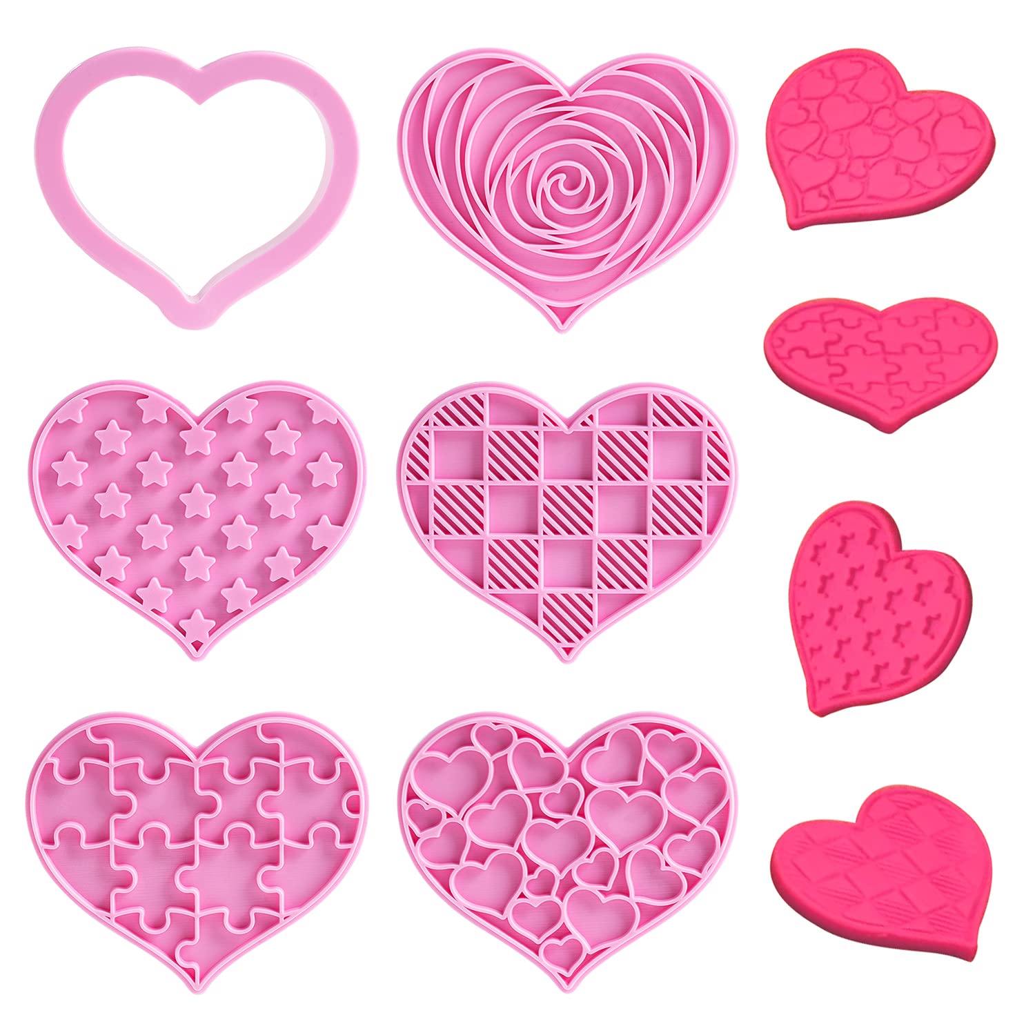 FVVMEED 6 Pieces Valentine's Day Heart Shape Plastic Biscuit Cutters Cookie Stamps Plunger Cutter Fondant Molds Embossing Spring Mold Press Cupcake Gum Paste Sugar Craft Decorating Baking Tool