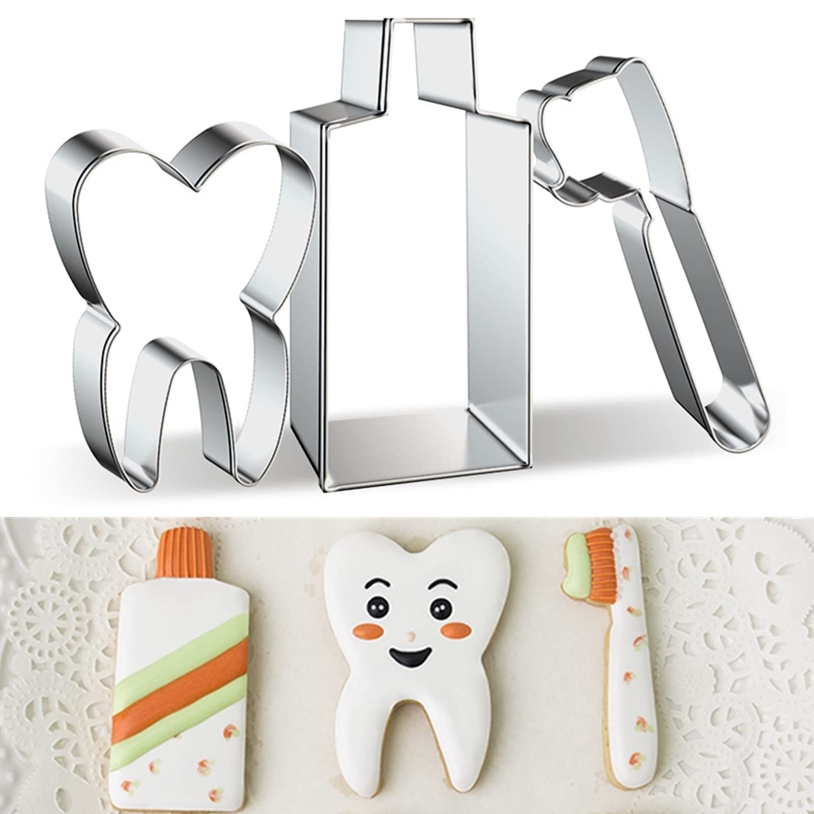 Mini Tooth Series Cookie Cutters Set of 3 pcs, Stainless Steel Fondant Cutter Molds Baking DIY (Toothpaste+Toothbrush+Tooth)