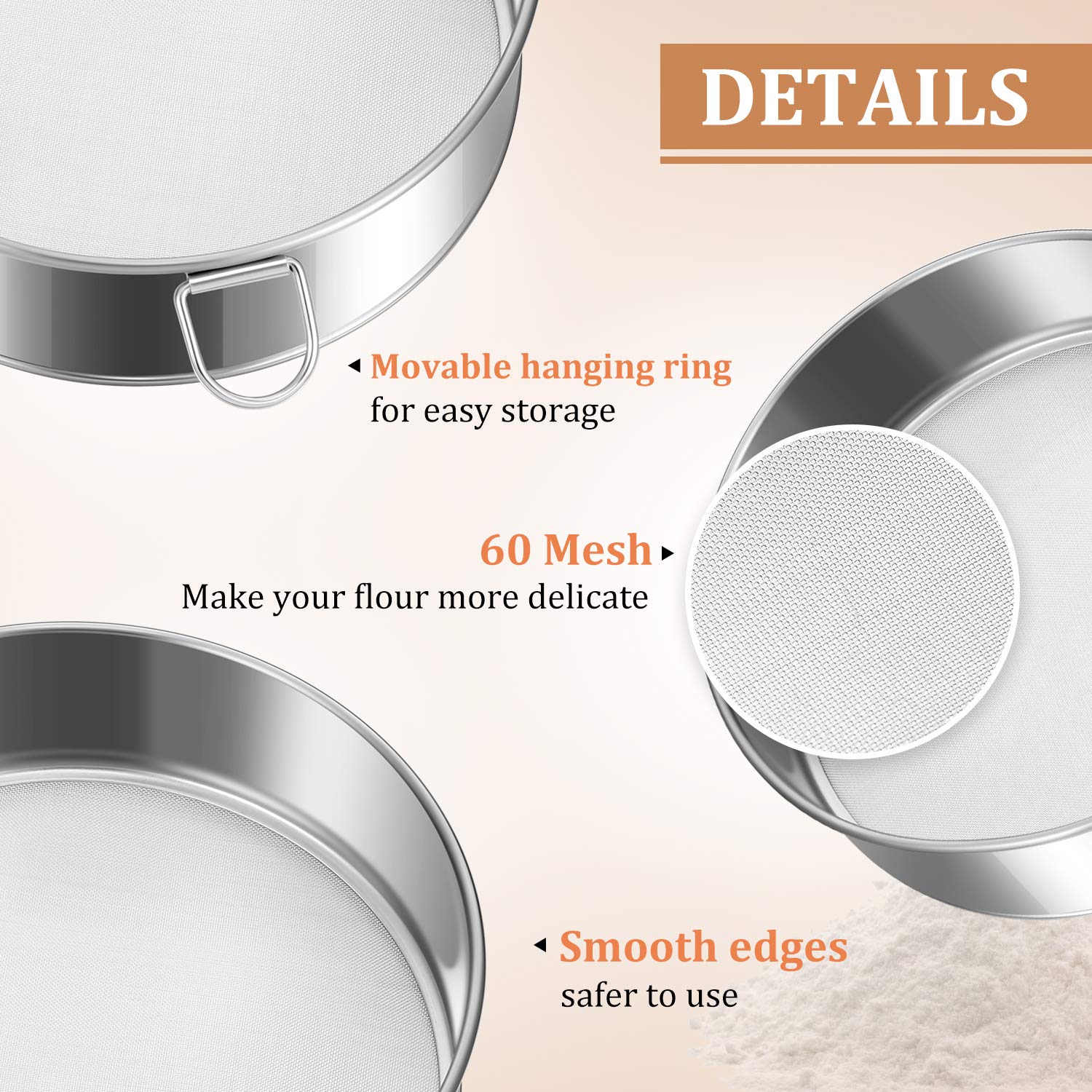 6 Pieces Tamis Flour Sieve Set 6 Inch 8 Inch 10 Inch Flour Sieve 60 Mesh Stainless Steel Round Sifter for Baking with Dough Scraper and Cleaner Brush