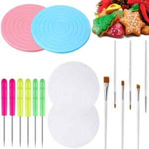 16 pcs cookie decorating kit cookie turntable decorating supplies with 2 acrylic cookie turntable 6 cookie scribe needle and 2 silicone mesh mats 6 cookie decoration brushes