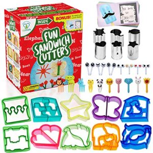 upchefs fun sandwich and bread cutter shapes for kids - 10 crust & cookie cutters - mini heart & flower stainless steel vegetable & fruit stamp set and 20 food picks loved by both boys & girls!