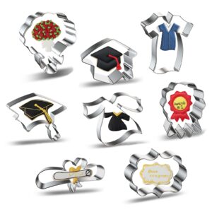 8pcs graduation cookie cutters 2023 shapes set - graduation cap, diploma, gown, plaque frame, medallion, bouquet biscuit sandwich fondant fruit cookie cutter mold set for party supplies decorations