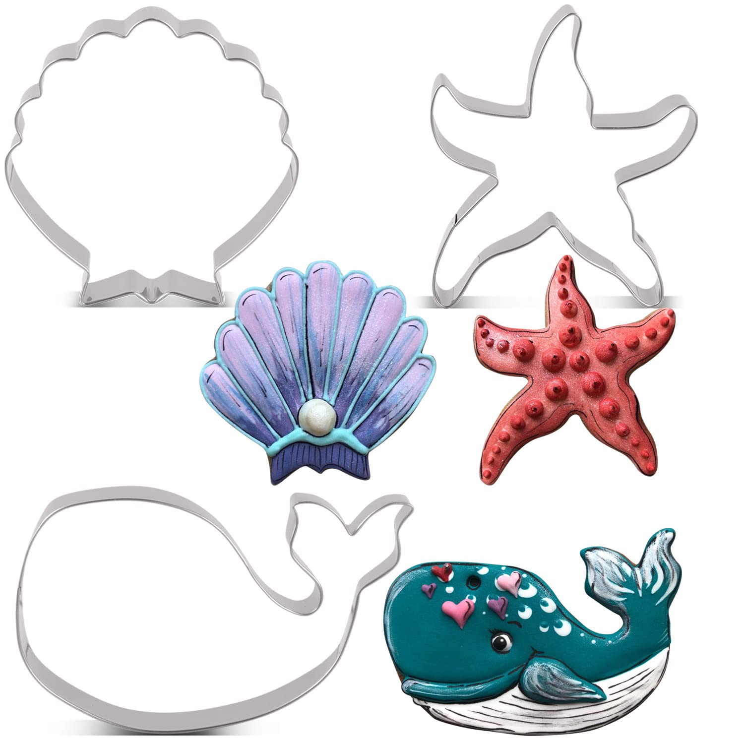LILIAO Ocean Creatures Cookie Cutter Set - 3 Piece - Whale, Starfish and Seashell Biscuit Fondant Cutters - Stainless Steel
