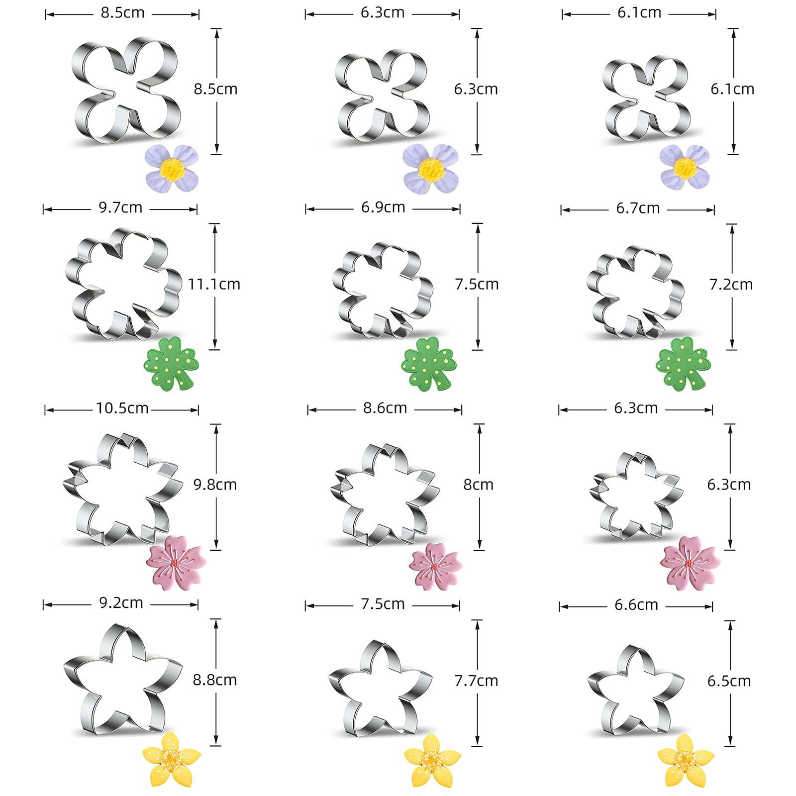 12 Pieces Flower Cookie Cutters Set - 3 Inch - 4 Inch Large Four Leaf Clover, Lilac Flower, Frangipani, Cherry Blossoms Shape Biscuit Cookie Cutter Fondant Mold for Irish St Patrick's Mother Day Party