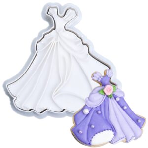 flycalf princess cookie cutters dress heart gifts shapes with 3d stamper biscuit holiday pla baking accessories cutter molds decorative party 3.5" kitchen cake supplies