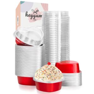 heyyumi mini heart shaped cake pans with lids, 50pcs 3.4oz aluminum foil heart cake pan,disposable heart cupcake cups liners tins ramekins containers for valentine's day weddings anniversaries(red)