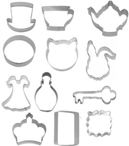 wonderland cookie cutter 12 piece set from the cookie cutter shop - mad hatter hat, cheshire cat, queen's crown, drink me bottle cookie cutters – tin plated steel cookie cutters