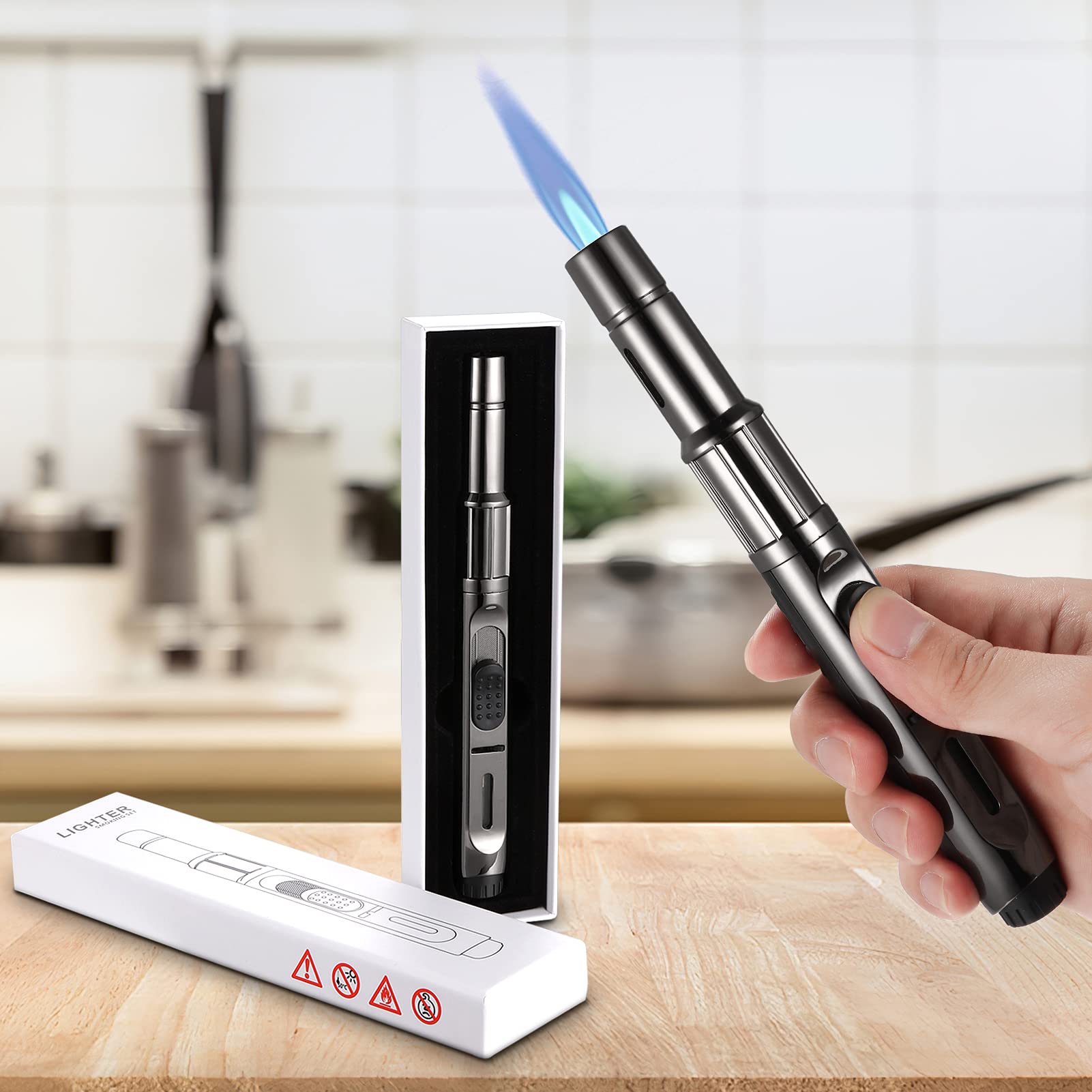 Butane Torch Lighter Long Butane Lighter Refillable Kitchen Torch Lighter with Visible Fuel Window Adjustable Jet Flame Pen Lighter Butane Lighter for Grill Fireplace (Black1)