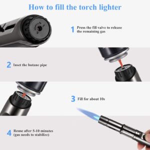 Butane Torch Lighter Long Butane Lighter Refillable Kitchen Torch Lighter with Visible Fuel Window Adjustable Jet Flame Pen Lighter Butane Lighter for Grill Fireplace (Black1)