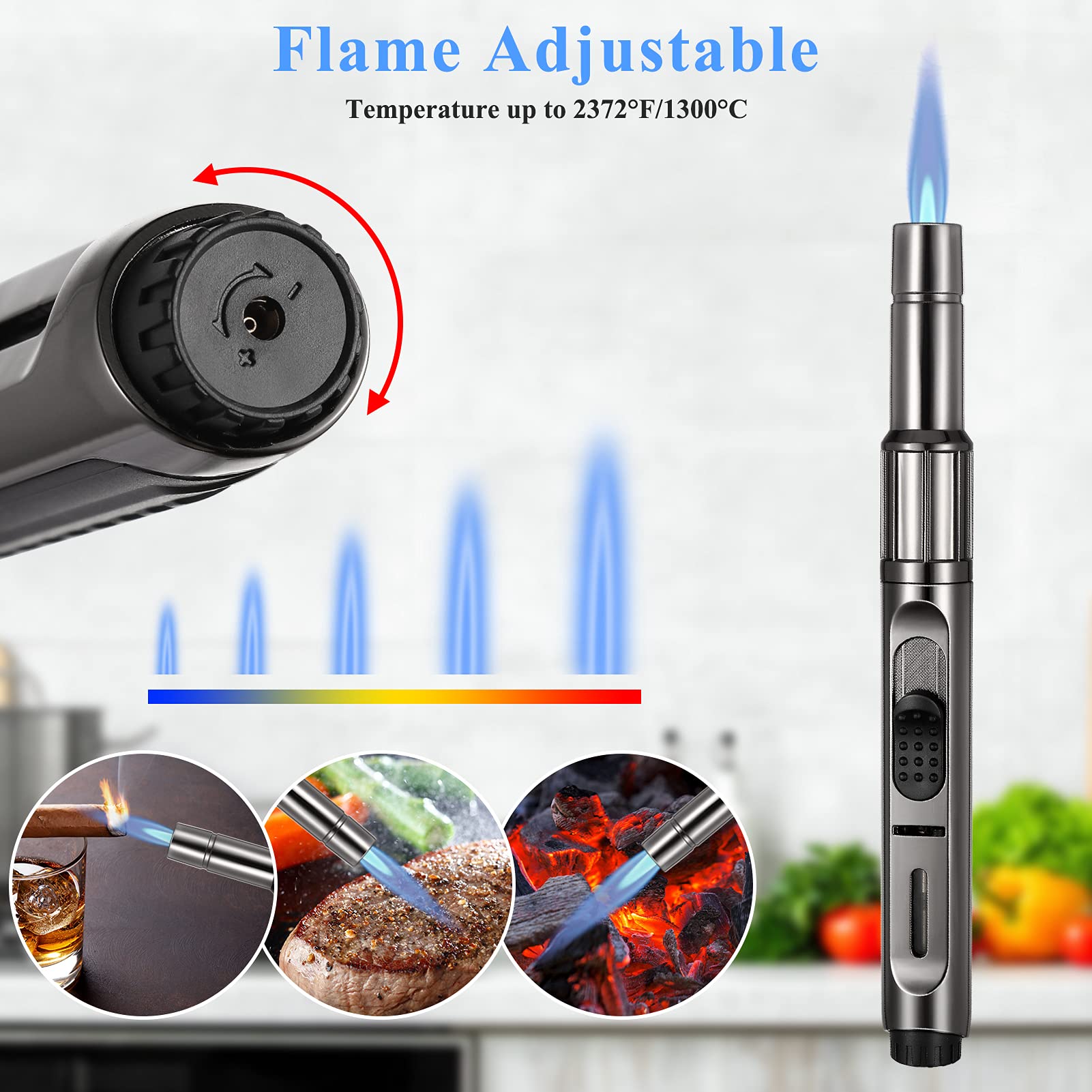 Butane Torch Lighter Long Butane Lighter Refillable Kitchen Torch Lighter with Visible Fuel Window Adjustable Jet Flame Pen Lighter Butane Lighter for Grill Fireplace (Black1)