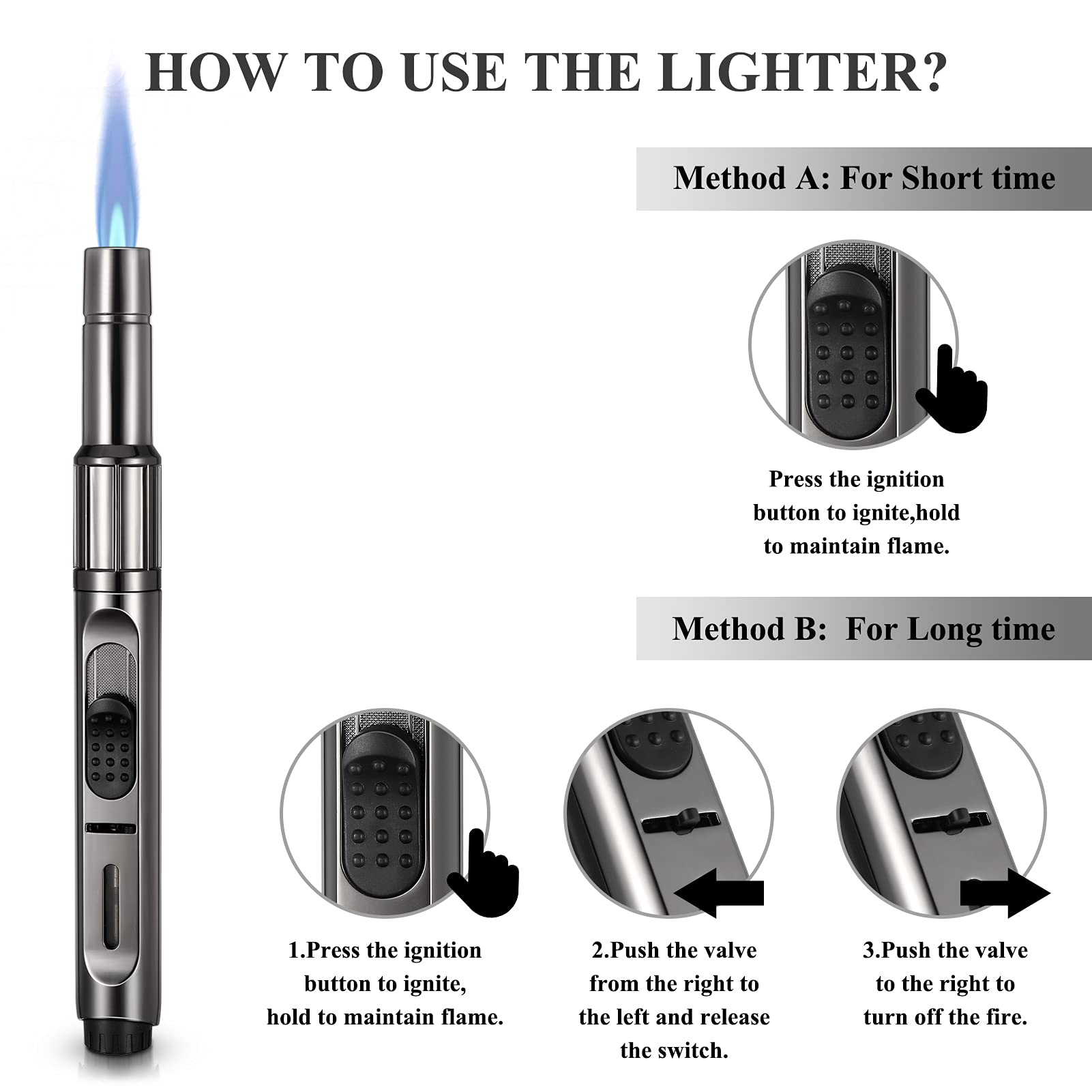 Butane Torch Lighter Long Butane Lighter Refillable Kitchen Torch Lighter with Visible Fuel Window Adjustable Jet Flame Pen Lighter Butane Lighter for Grill Fireplace (Black1)