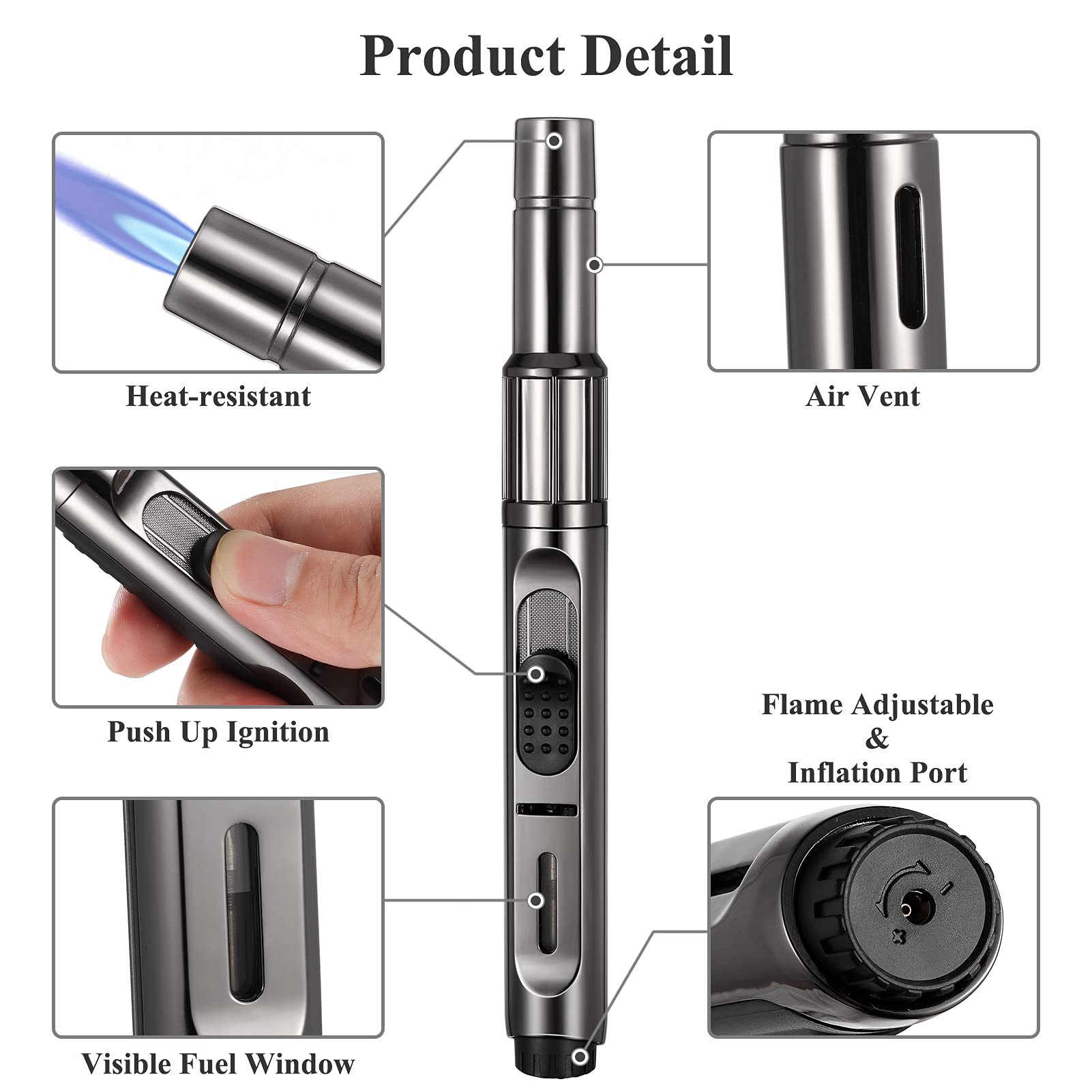 Butane Torch Lighter Long Butane Lighter Refillable Kitchen Torch Lighter with Visible Fuel Window Adjustable Jet Flame Pen Lighter Butane Lighter for Grill Fireplace (Black1)