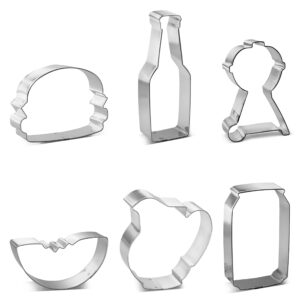 Foose Brand Cookie Cutter Summer Picnic 6 Pc Set with Recipe Card, Made in USA - 4 in Hamburger 4.5 in Bottle 3.5 in Charcoal Grill 3.5 in Watermelon 4 in Soda Beer Can 3.5 in Juice Lemonade Pitcher