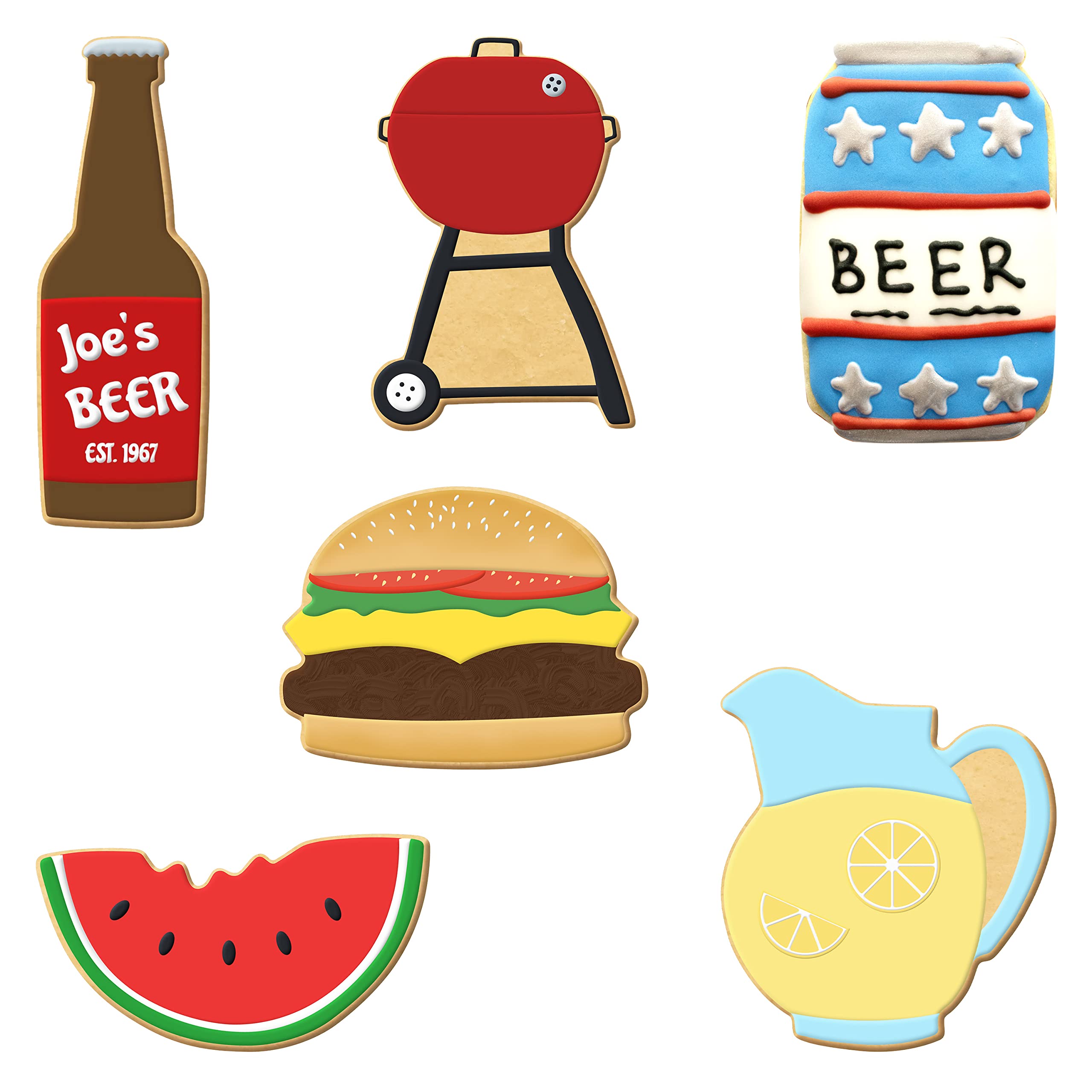 Foose Brand Cookie Cutter Summer Picnic 6 Pc Set with Recipe Card, Made in USA - 4 in Hamburger 4.5 in Bottle 3.5 in Charcoal Grill 3.5 in Watermelon 4 in Soda Beer Can 3.5 in Juice Lemonade Pitcher