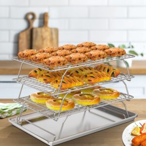 SafBbcue 3 Tier Cooling Rack with Baking Sheet Pan for Cookies Cakes Pies, Cake Layers, Finger Foods 304 Stainless Steel Oven and Dishwasher Safe