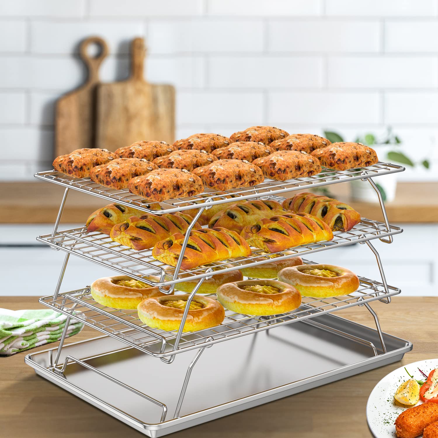 SafBbcue 3 Tier Cooling Rack with Baking Sheet Pan for Cookies Cakes Pies, Cake Layers, Finger Foods 304 Stainless Steel Oven and Dishwasher Safe