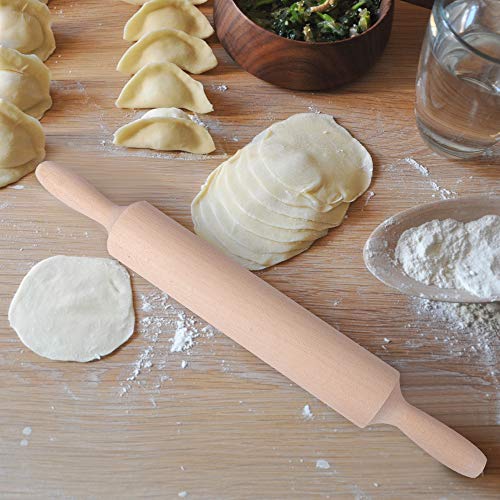 Meilexing Rolling Pin Beech Wood Wax Free, Professional Dough Roller for Baking Pasta Pizza Fondant Cookie Noodles Bread, 15x1.5 inch（With handle）,the roller is 9 inch