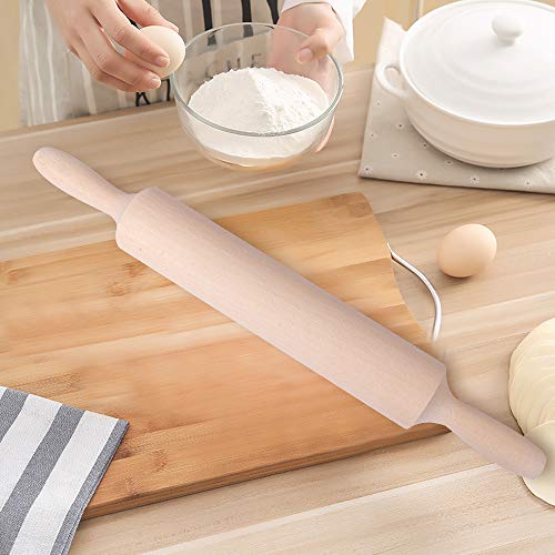 Meilexing Rolling Pin Beech Wood Wax Free, Professional Dough Roller for Baking Pasta Pizza Fondant Cookie Noodles Bread, 15x1.5 inch（With handle）,the roller is 9 inch