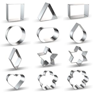 geometric classic shapes cookie cutter set of 12 - heart, flower, star, circle, square, triangle, rectangle, oval, teardrop, diamond, star of david shaped cookie cutters biscuit mold - stainless steel
