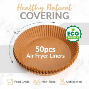 Air Fryer Liners - 50 Pcs Air Fryer Disposable Paper Liner - Non-Stick Greaseproof Parchment Paper for Air Fryer Liners Disposable - Round Airfryer Basket Liner for Quick Easy Cleanup and Disposal