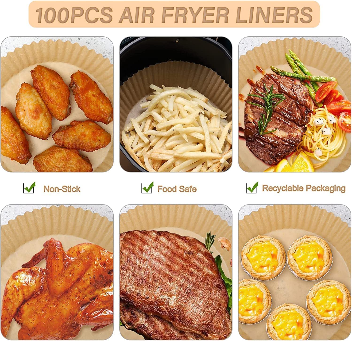 CREATIVE KITCHEN(CK) Air Fryer Liners| 6.3 inches 100PCS Disposable Paper Liners | Non-Stick Parchment Paper Liners | Oil-Proof, Water-Proof, | Airfryer Liners For Oven Baking| Roasting Microwave