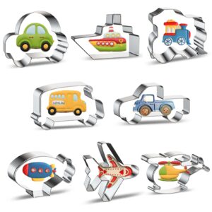 travel cookie cutter set 8-piece transportation and vehicles cookie cutters with car, airplane, train, bus, helicopter, vintage truck, airship, cruise ship shapes biscuit molds for kids baking party
