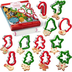 joyin 13 pcs stainless steel christmas cookie cutters with comfort grip 3.5í plus a rolling pin for large holiday cookies, snowflake cookies, gingerbread man cookies, christmas party and baking gift
