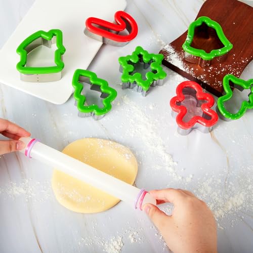 JOYIN 13 Pcs Stainless Steel Christmas Cookie Cutters with Comfort Grip 3.5í plus a Rolling Pin for Large Holiday Cookies, Snowflake Cookies, Gingerbread Man Cookies, Christmas Party and Baking Gift