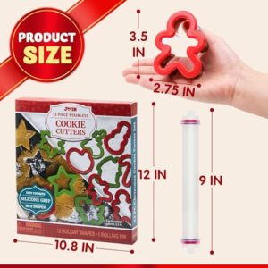 JOYIN 13 Pcs Stainless Steel Christmas Cookie Cutters with Comfort Grip 3.5í plus a Rolling Pin for Large Holiday Cookies, Snowflake Cookies, Gingerbread Man Cookies, Christmas Party and Baking Gift