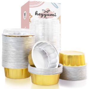 disposable ramekins,heyyumi 50pcs 8oz aluminum foil baking cups with lids,foil cupcake liners,dessert cups flans,creme brulee ramekins cheesecake containers,disposable muffin tins pans(golden)