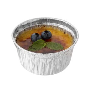 Restaurantware Foil Lux 4 Ounce Creme Brulee Cups, 100 Freezable Disposable Ramekins - Flat Lids Sold Separately, Oven-Ready, Silver Aluminum Baking Cups, Greaseproof, Stackable