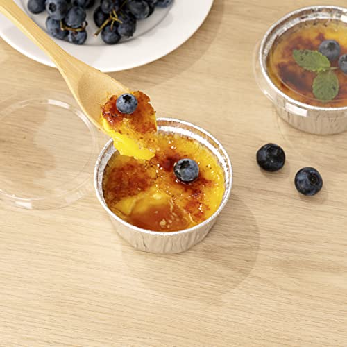 Restaurantware Foil Lux 4 Ounce Creme Brulee Cups, 100 Freezable Disposable Ramekins - Flat Lids Sold Separately, Oven-Ready, Silver Aluminum Baking Cups, Greaseproof, Stackable