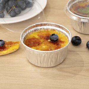 Restaurantware Foil Lux 4 Ounce Creme Brulee Cups, 100 Freezable Disposable Ramekins - Flat Lids Sold Separately, Oven-Ready, Silver Aluminum Baking Cups, Greaseproof, Stackable