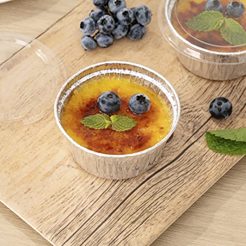 Restaurantware Foil Lux 4 Ounce Creme Brulee Cups, 100 Freezable Disposable Ramekins - Flat Lids Sold Separately, Oven-Ready, Silver Aluminum Baking Cups, Greaseproof, Stackable