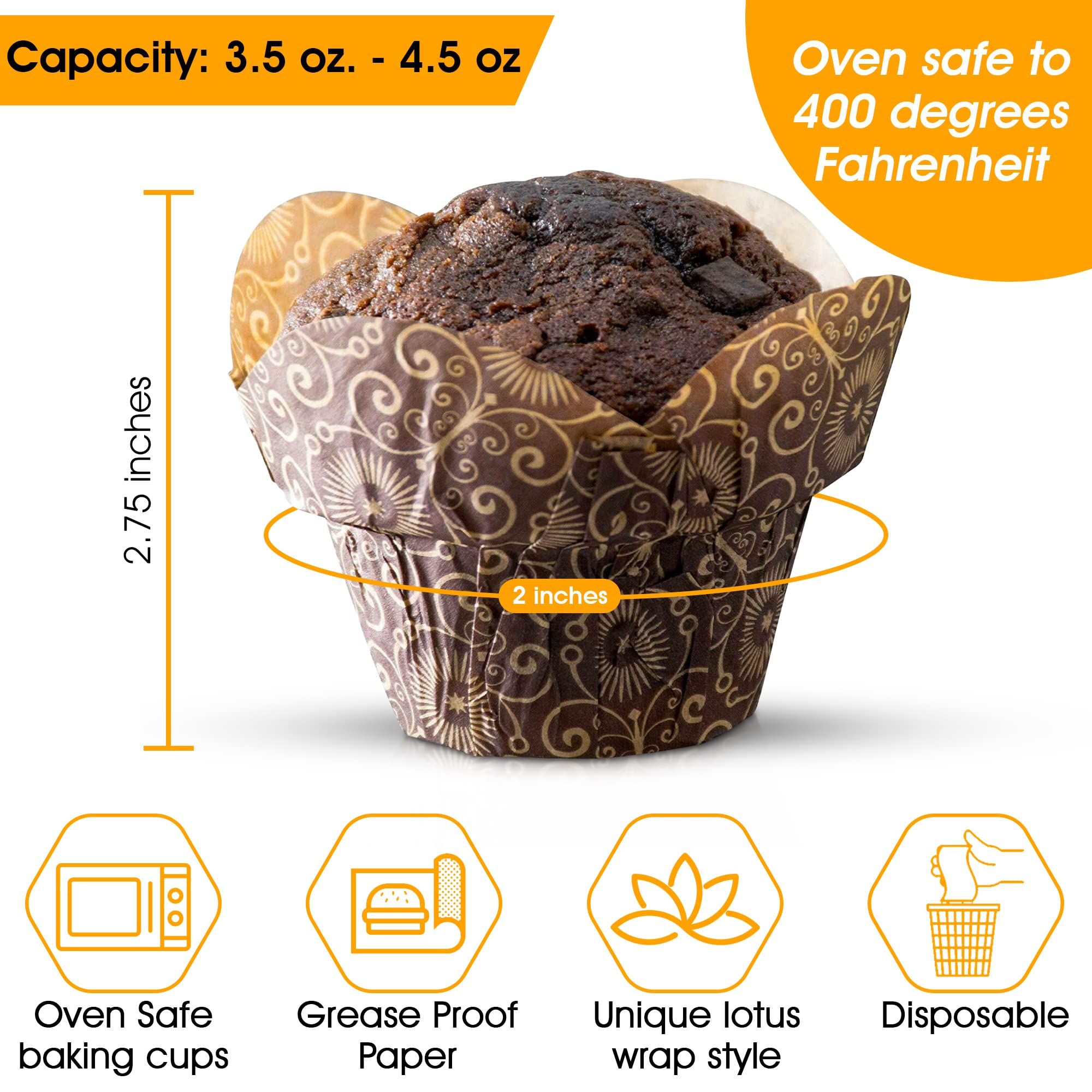 The Baker Celebrations Brown Lotus Crown Baking Cup Cupcake Muffin Liners; Made in Canada (Pack of 100)