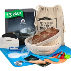 homeadow banneton bread proofing basket - perfect gift - 11 pcs kit: 10' oval + 9' round brotform, liner, bread lame, bench scraper, dough scraper, stencils, baking mat, bread bag, brush | sourdough