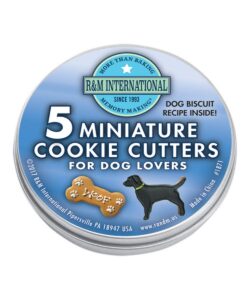 r&m international mini dog cookie cutters in storage tin, paw, dog, fire hydrant, bone, house, 5-piece set