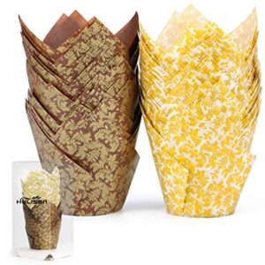hulisen 100 pcs tulip cupcake liners, 2 colors premium greaseproof paper baking cups, muffin liners for wedding, baby showers, party, brown and white golden leaf model