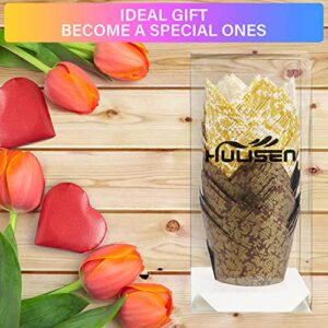 HULISEN 100 Pcs Tulip Cupcake Liners, 2 Colors Premium Greaseproof Paper Baking Cups, Muffin Liners for Wedding, Baby Showers, Party, Brown and White Golden Leaf Model