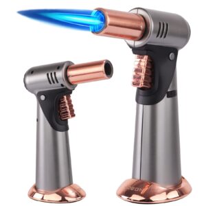 butane torch, premium double flame big kitchen torch lighters with safety lock adjustable refillable multipurpose culinary blow torch for creme brulee, baking, bbq (butane gas not included)501 (gold)