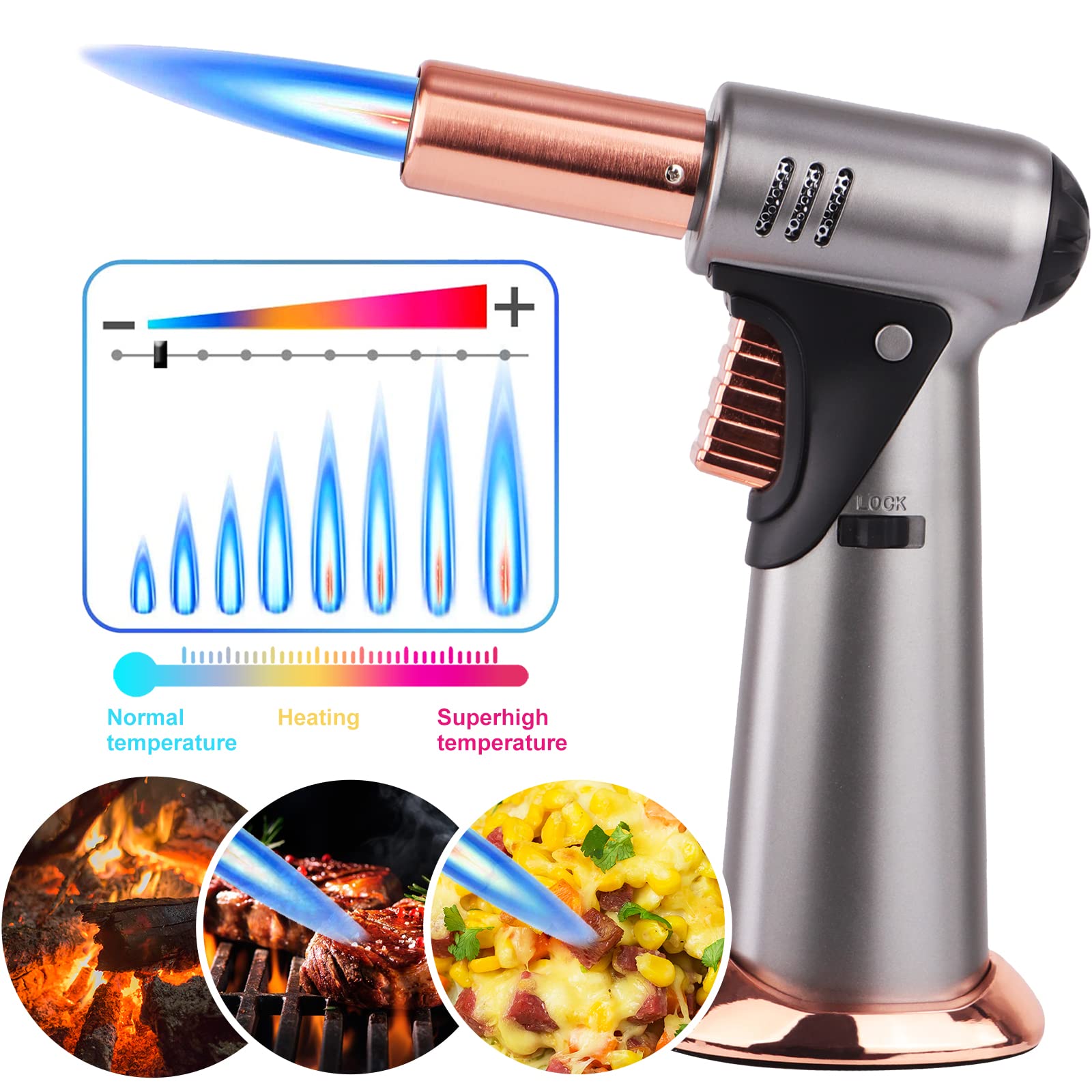 Butane Torch, Premium Double Flame Big Kitchen Torch Lighters with Safety Lock Adjustable Refillable Multipurpose Culinary Blow Torch for Creme Brulee, Baking, BBQ (Butane Gas Not Included)501 (gold)