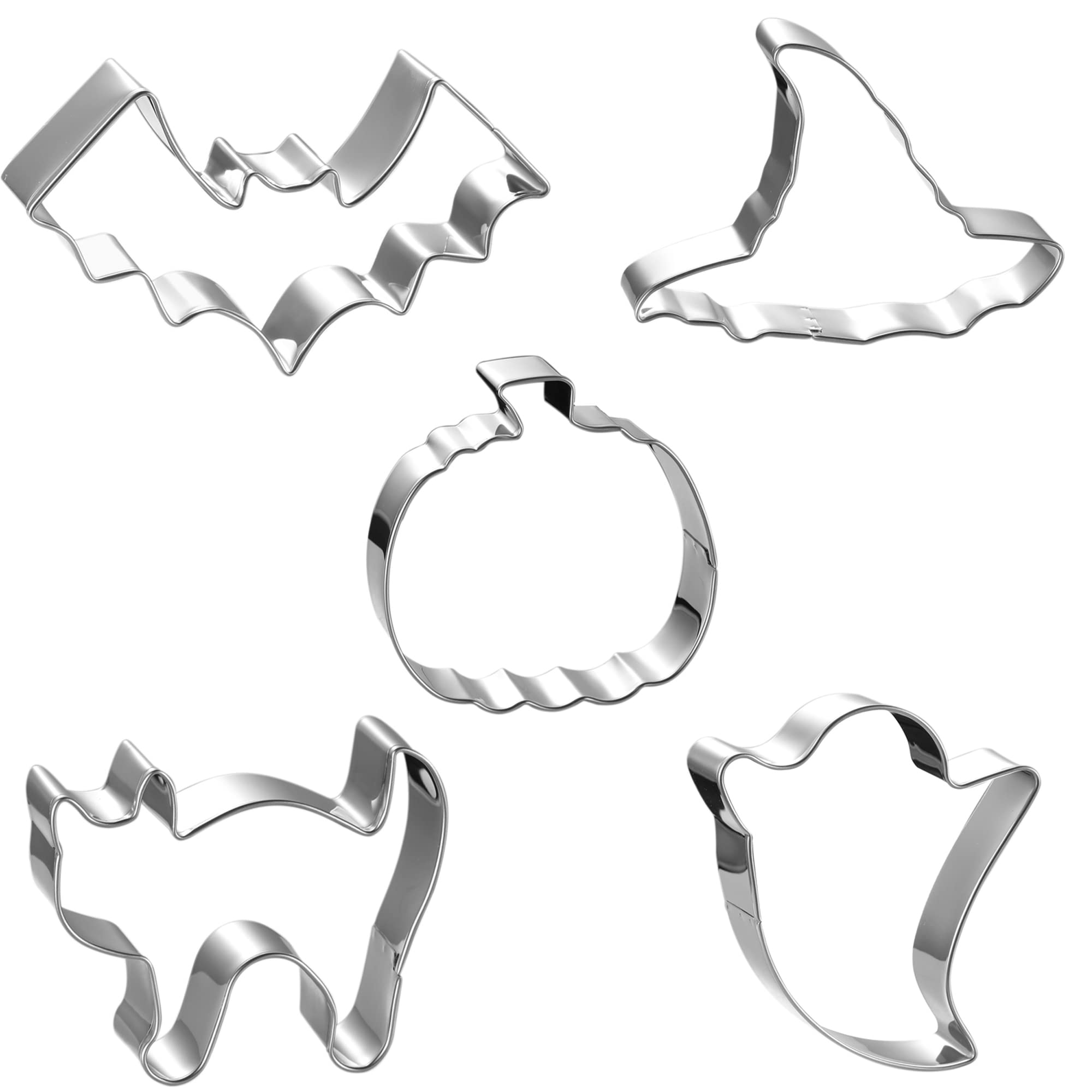 Halloween Cookie Cutters Set Large - Witch's Hat, Pumpkin, Ghost, Bat and Cat Cutter Stainless Steel