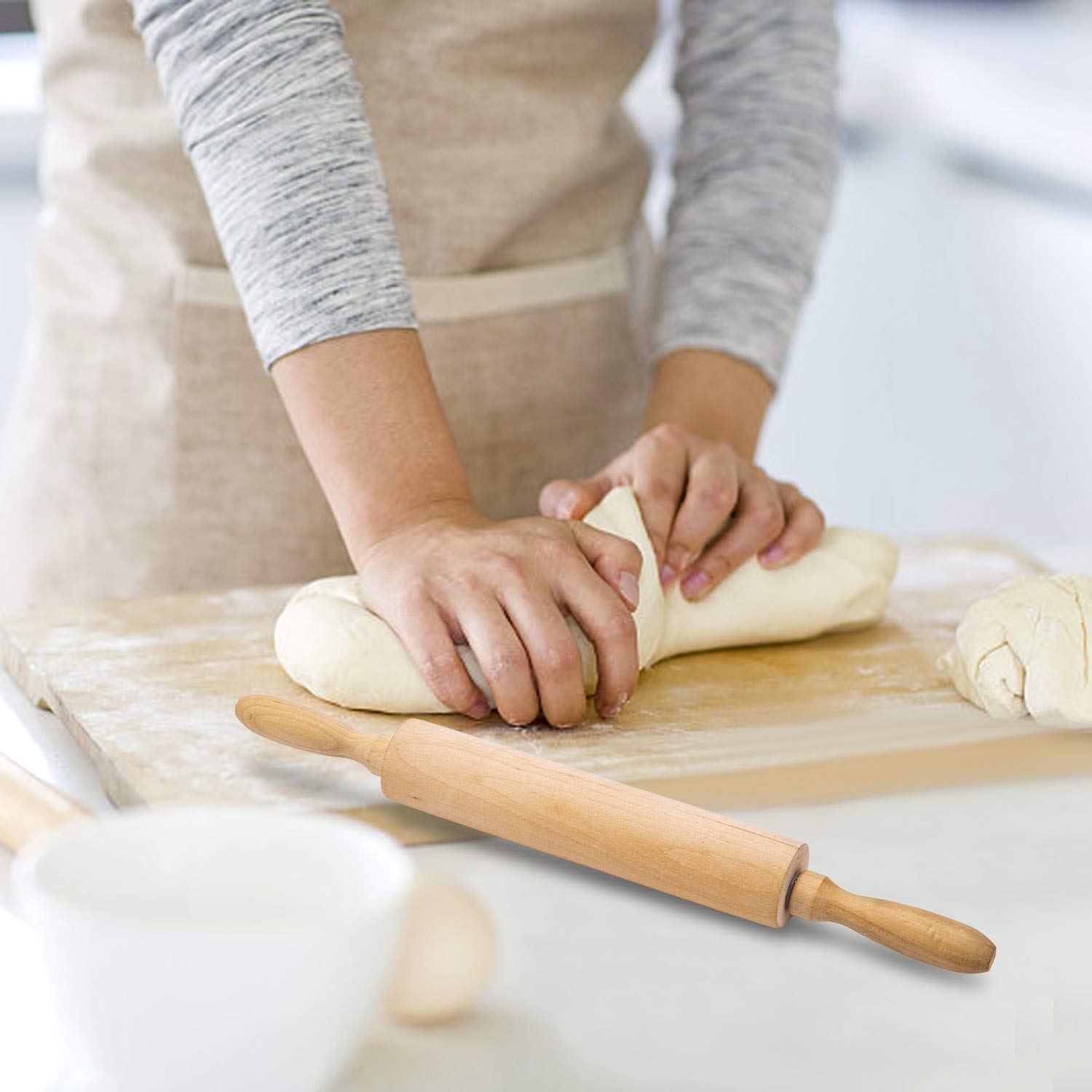 Classic Wood Rolling Pin for Baking - Professional Dough Roller with Handle, Essential Wooden Tool for Making Cookie, Fondant, Pizza, Pastry, Pie, Bread, Tortilla, Pasta, etc.