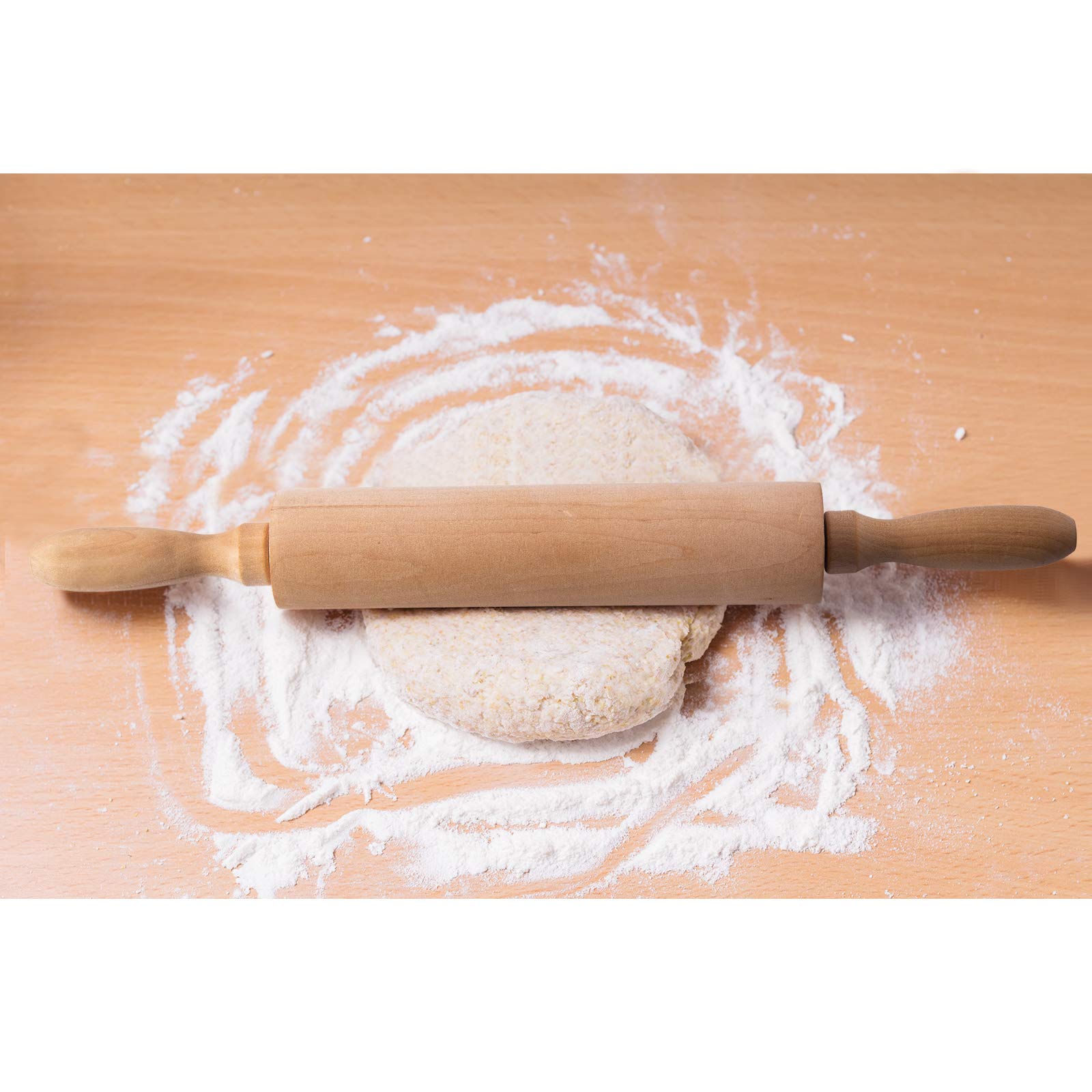 Classic Wood Rolling Pin for Baking - Professional Dough Roller with Handle, Essential Wooden Tool for Making Cookie, Fondant, Pizza, Pastry, Pie, Bread, Tortilla, Pasta, etc.